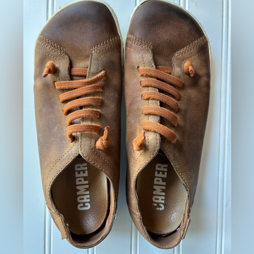 Camper Shoes Peu Tan Brown Leather Sneakers Lace Up Orange Size 37